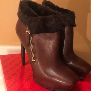 One time wear leather brown bootie:: fur top
